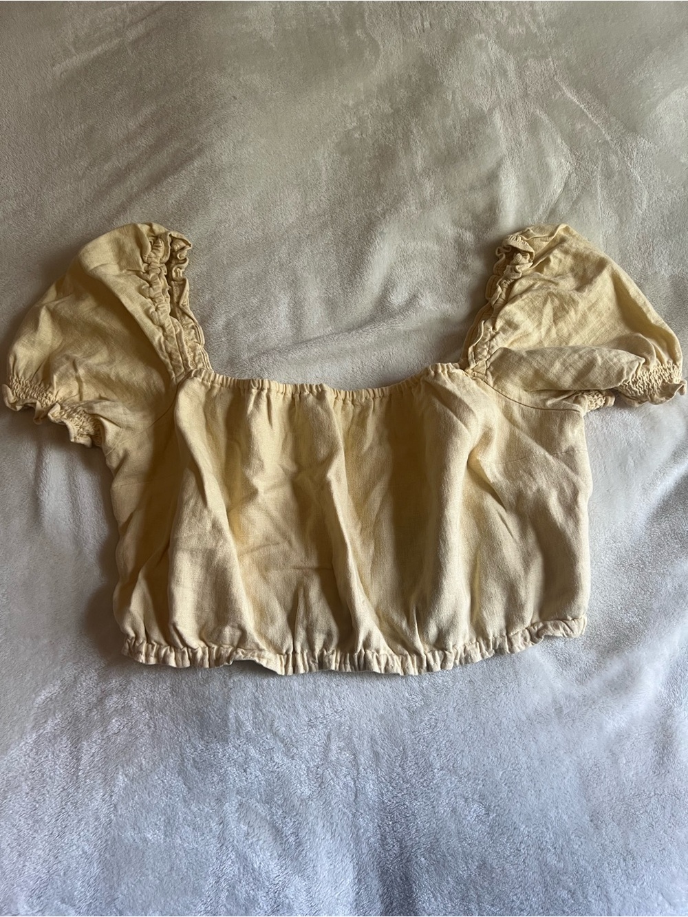 Abercrombie & Fitch Linen Blend Yellow Puff Sleeve Smocked Crop Top